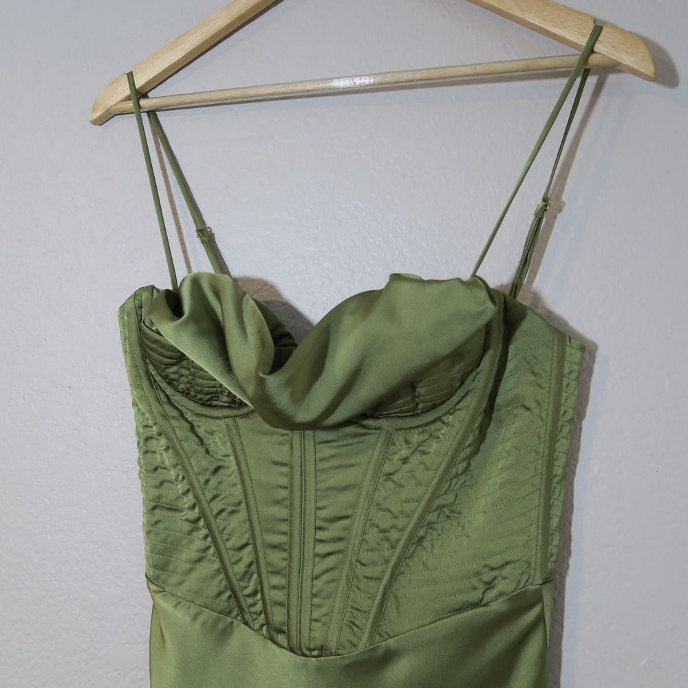 House of CB Myrna Olive Corset Satin Slip Dress Timeless Elegant - Picture 3 of 14